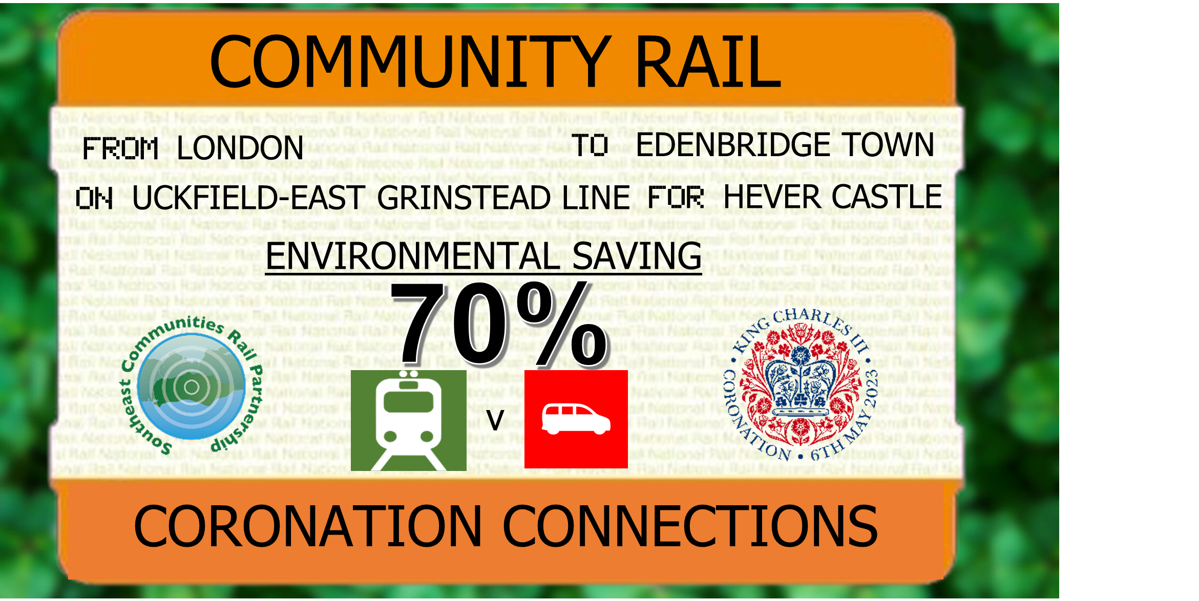 Mock train ticket showing environmental saving of 70% in greenhouse gas emissions from taking the train rather than driving a car from central London to Edenbridge Town station to visit Hever Castle